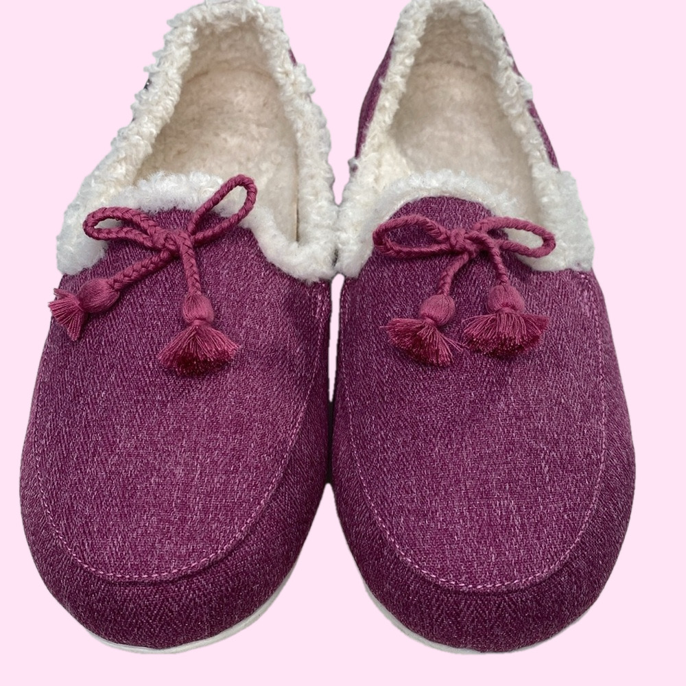 Spenco Fireside Purple Lined‎ Slipper Moccasin with Faux Fur and Bow size 11